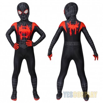 Kids Miles Morales Costume Into The Spider Verse Black Cosplay Suit